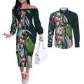 Australian Ringneck Parrot Couples Matching Off The Shoulder Long Sleeve Dress and Long Sleeve Button Shirt Barnardius Zonarius Eucalyptus Flowers Aboriginal Art