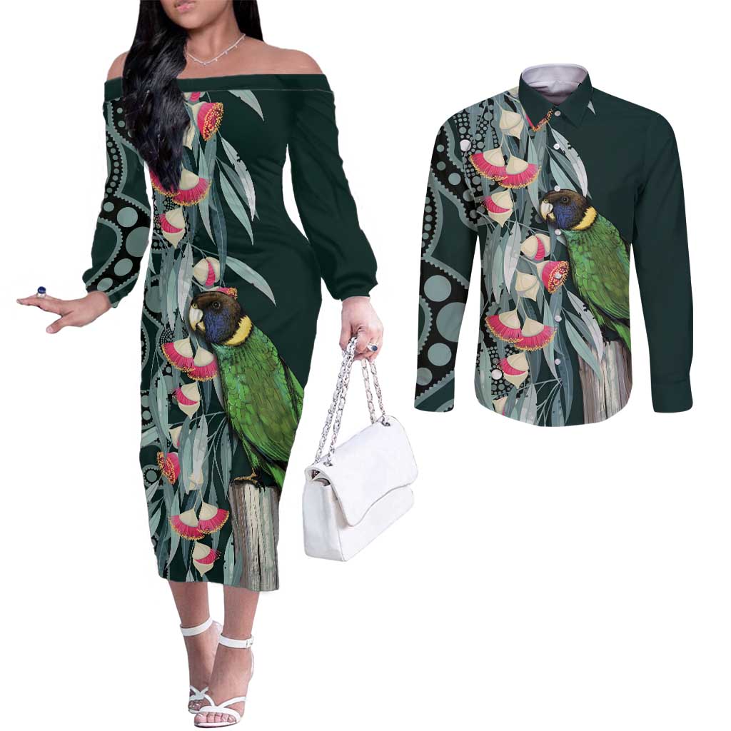 Australian Ringneck Parrot Couples Matching Off The Shoulder Long Sleeve Dress and Long Sleeve Button Shirt Barnardius Zonarius Eucalyptus Flowers Aboriginal Art
