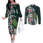 Australian Ringneck Parrot Couples Matching Off The Shoulder Long Sleeve Dress and Long Sleeve Button Shirt Barnardius Zonarius Eucalyptus Flowers Aboriginal Art