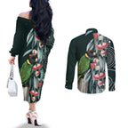 Australian Ringneck Parrot Couples Matching Off The Shoulder Long Sleeve Dress and Long Sleeve Button Shirt Barnardius Zonarius Eucalyptus Flowers Aboriginal Art