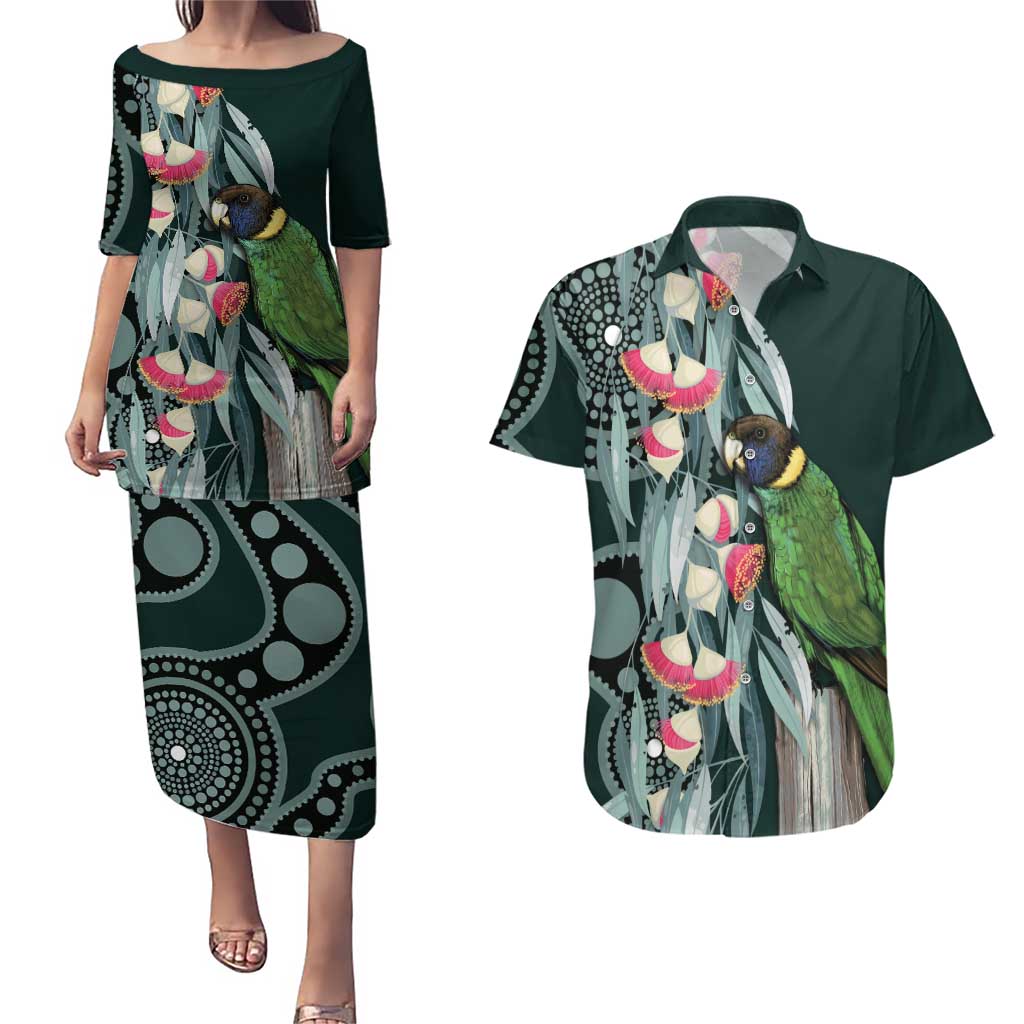 Australian Ringneck Parrot Couples Matching Puletasi and Hawaiian Shirt Barnardius Zonarius Eucalyptus Flowers Aboriginal Art