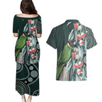 Australian Ringneck Parrot Couples Matching Puletasi and Hawaiian Shirt Barnardius Zonarius Eucalyptus Flowers Aboriginal Art