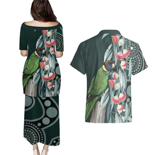 Australian Ringneck Parrot Couples Matching Puletasi and Hawaiian Shirt Barnardius Zonarius Eucalyptus Flowers Aboriginal Art