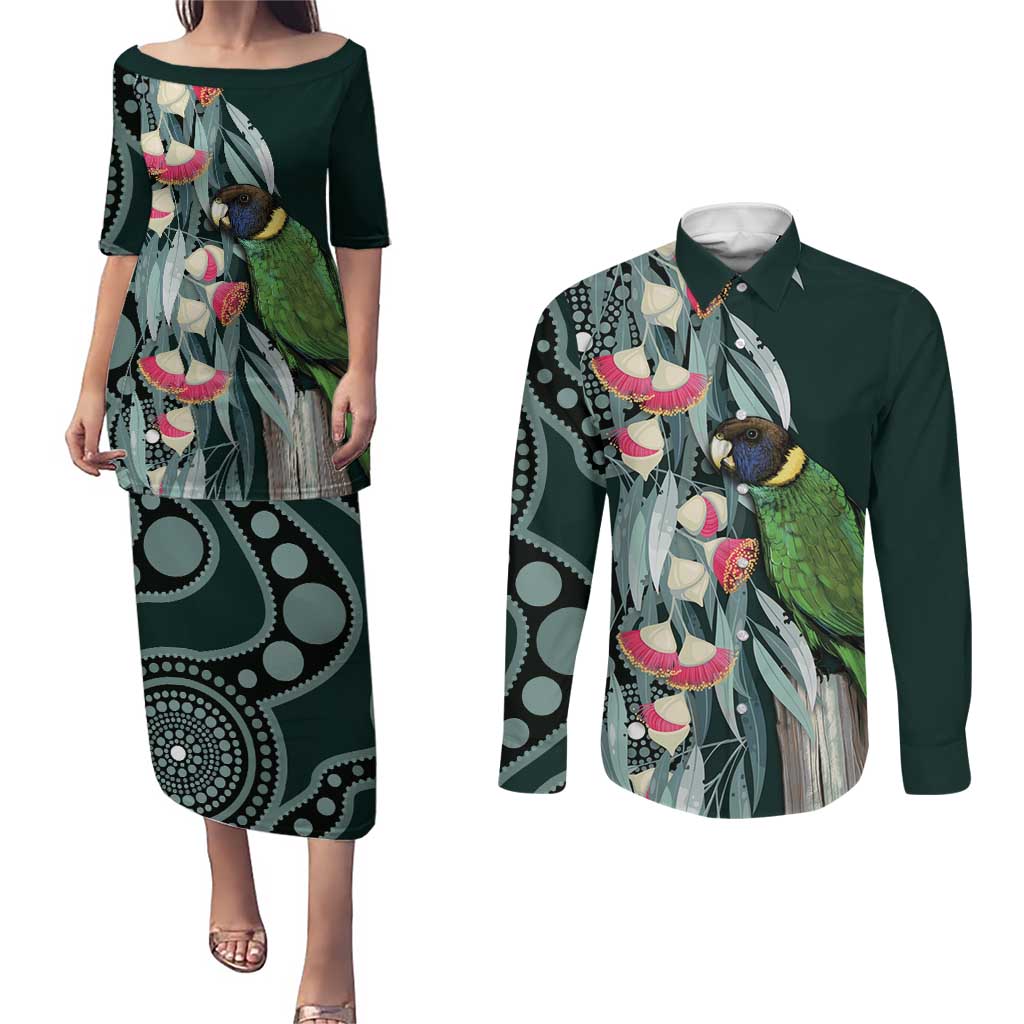 Australian Ringneck Parrot Couples Matching Puletasi and Long Sleeve Button Shirt Barnardius Zonarius Eucalyptus Flowers Aboriginal Art