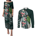 Australian Ringneck Parrot Couples Matching Puletasi and Long Sleeve Button Shirt Barnardius Zonarius Eucalyptus Flowers Aboriginal Art