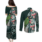 Australian Ringneck Parrot Couples Matching Puletasi and Long Sleeve Button Shirt Barnardius Zonarius Eucalyptus Flowers Aboriginal Art