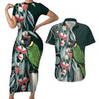 Australian Ringneck Parrot Couples Matching Short Sleeve Bodycon Dress and Hawaiian Shirt Barnardius Zonarius Eucalyptus Flowers Aboriginal Art