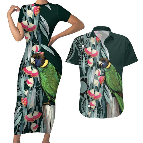 Australian Ringneck Parrot Couples Matching Short Sleeve Bodycon Dress and Hawaiian Shirt Barnardius Zonarius Eucalyptus Flowers Aboriginal Art