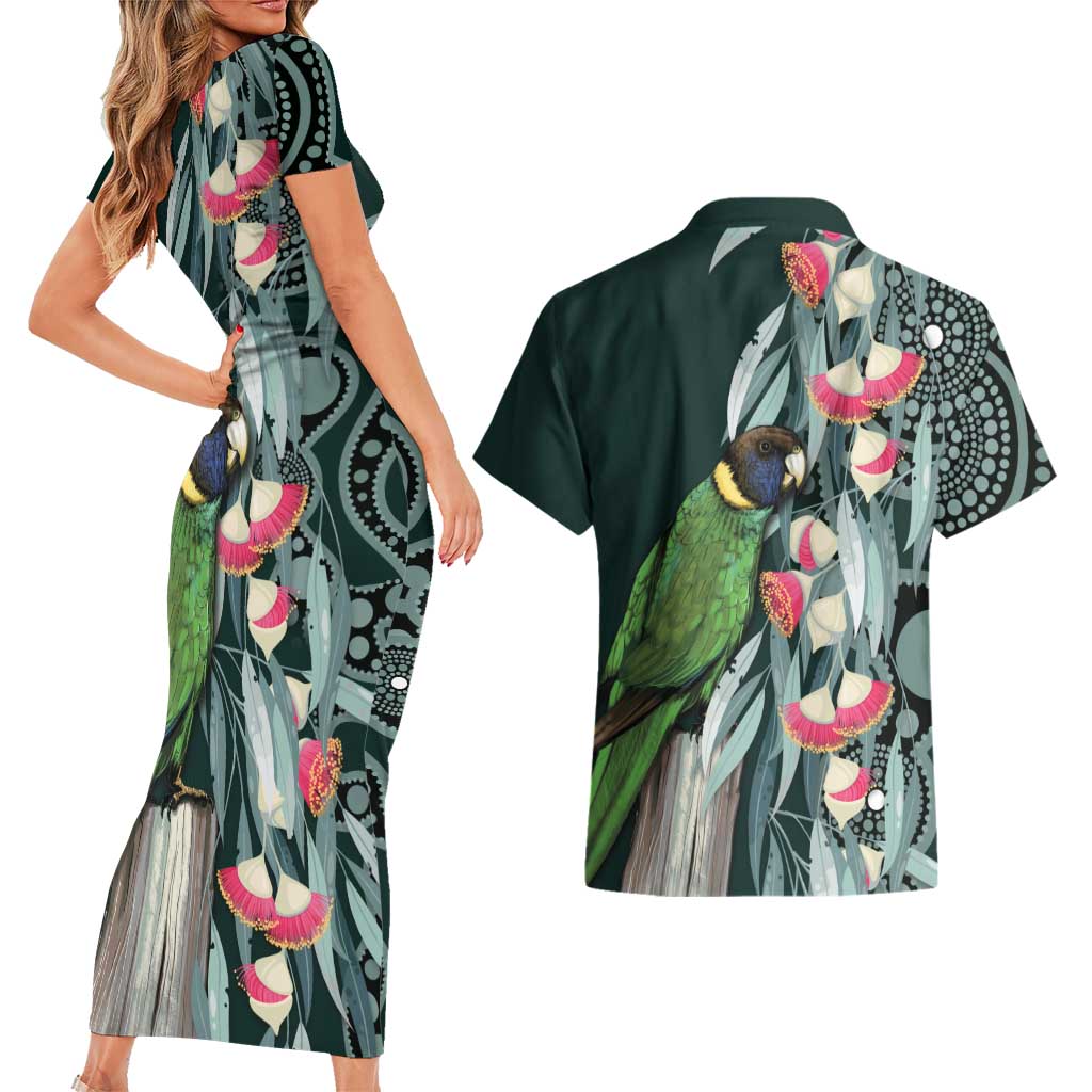 Australian Ringneck Parrot Couples Matching Short Sleeve Bodycon Dress and Hawaiian Shirt Barnardius Zonarius Eucalyptus Flowers Aboriginal Art