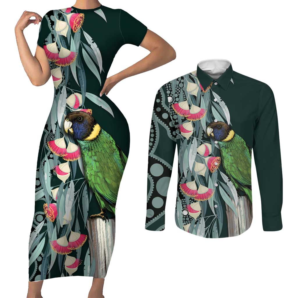 Australian Ringneck Parrot Couples Matching Short Sleeve Bodycon Dress and Long Sleeve Button Shirt Barnardius Zonarius Eucalyptus Flowers Aboriginal Art