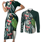 Australian Ringneck Parrot Couples Matching Short Sleeve Bodycon Dress and Long Sleeve Button Shirt Barnardius Zonarius Eucalyptus Flowers Aboriginal Art
