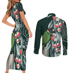 Australian Ringneck Parrot Couples Matching Short Sleeve Bodycon Dress and Long Sleeve Button Shirt Barnardius Zonarius Eucalyptus Flowers Aboriginal Art
