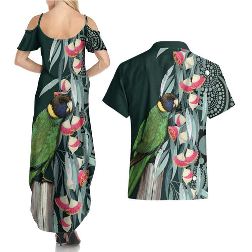 Australian Ringneck Parrot Couples Matching Summer Maxi Dress and Hawaiian Shirt Barnardius Zonarius Eucalyptus Flowers Aboriginal Art
