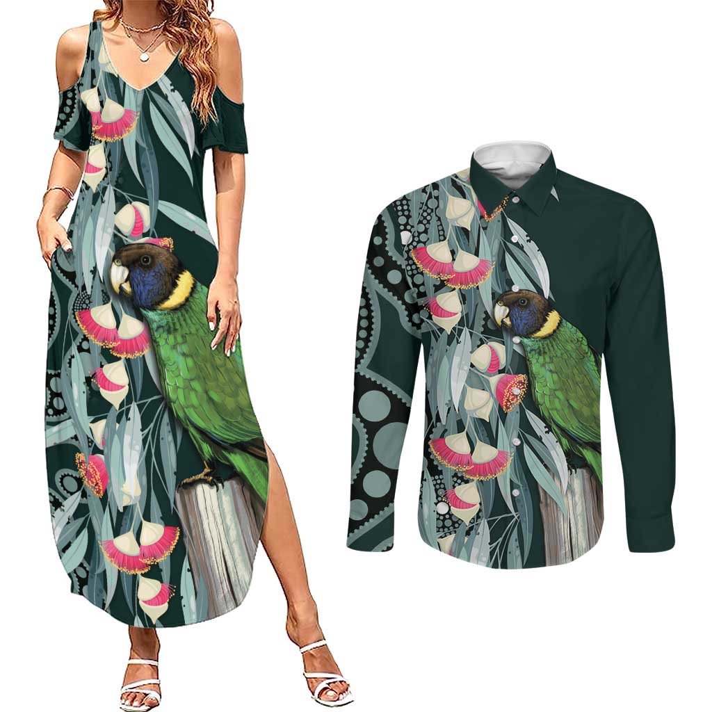 Australian Ringneck Parrot Couples Matching Summer Maxi Dress and Long Sleeve Button Shirt Barnardius Zonarius Eucalyptus Flowers Aboriginal Art
