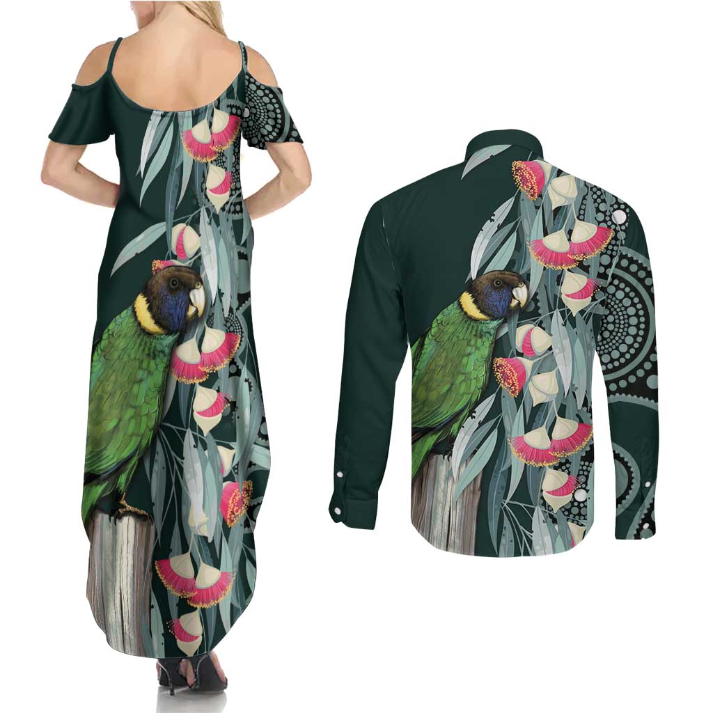 Australian Ringneck Parrot Couples Matching Summer Maxi Dress and Long Sleeve Button Shirt Barnardius Zonarius Eucalyptus Flowers Aboriginal Art