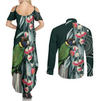 Australian Ringneck Parrot Couples Matching Summer Maxi Dress and Long Sleeve Button Shirt Barnardius Zonarius Eucalyptus Flowers Aboriginal Art