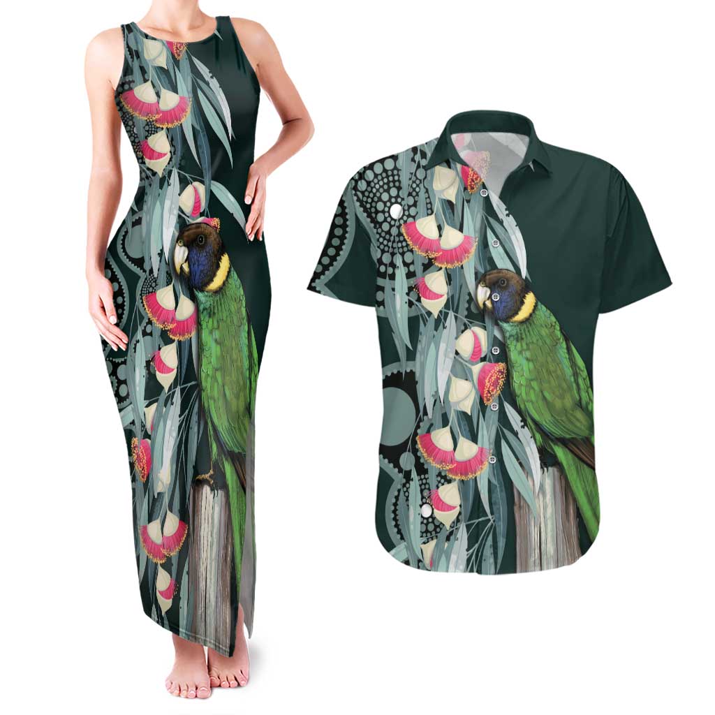 Australian Ringneck Parrot Couples Matching Tank Maxi Dress and Hawaiian Shirt Barnardius Zonarius Eucalyptus Flowers Aboriginal Art