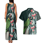 Australian Ringneck Parrot Couples Matching Tank Maxi Dress and Hawaiian Shirt Barnardius Zonarius Eucalyptus Flowers Aboriginal Art