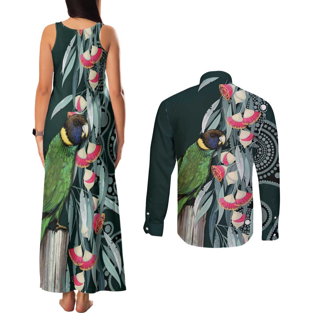 Australian Ringneck Parrot Couples Matching Tank Maxi Dress and Long Sleeve Button Shirt Barnardius Zonarius Eucalyptus Flowers Aboriginal Art