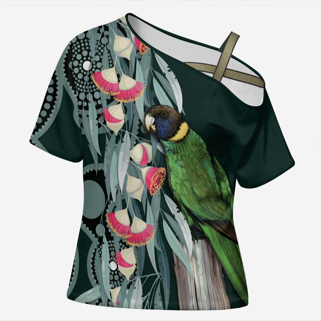 Australian Ringneck Parrot Cross Shoulder Shirt Barnardius Zonarius Eucalyptus Flowers Aboriginal Art