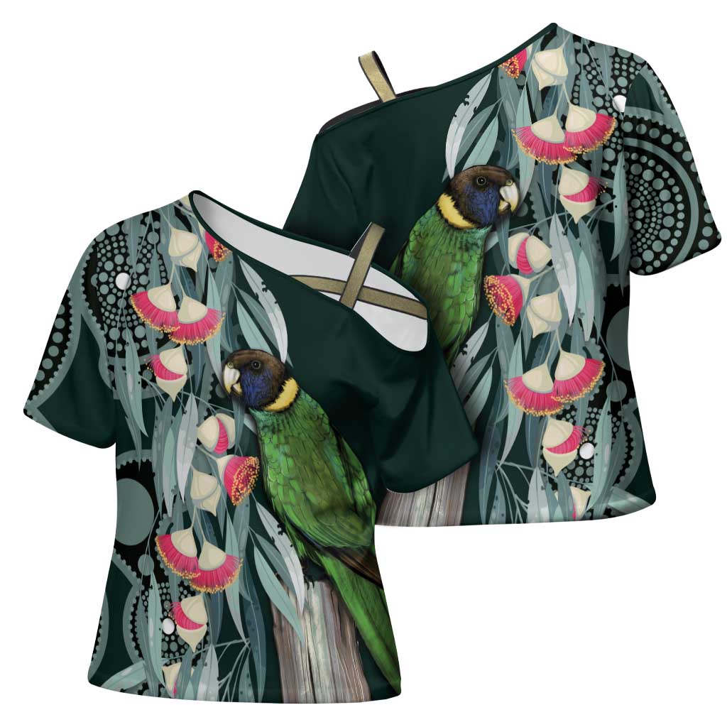 Australian Ringneck Parrot Cross Shoulder Shirt Barnardius Zonarius Eucalyptus Flowers Aboriginal Art