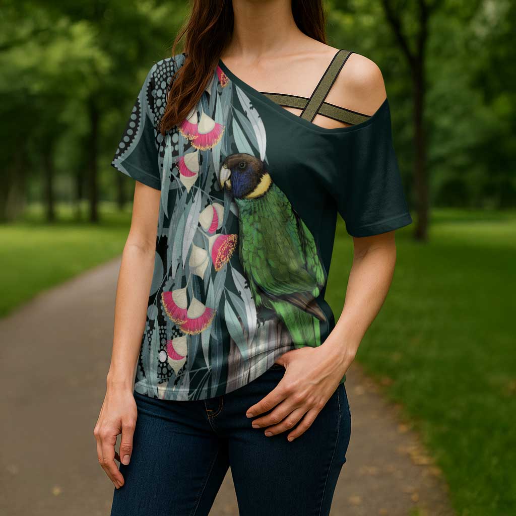 Australian Ringneck Parrot Cross Shoulder Shirt Barnardius Zonarius Eucalyptus Flowers Aboriginal Art