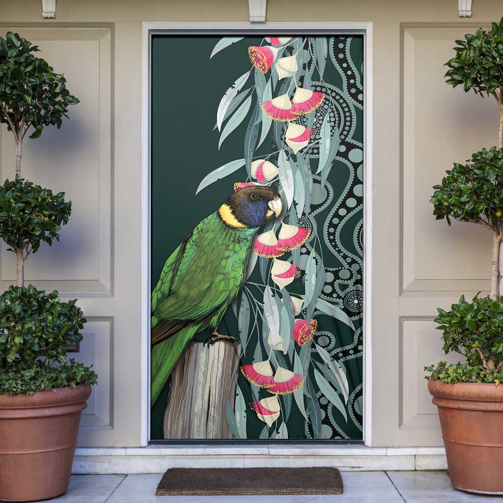 Australian Ringneck Parrot Door Cover Barnardius Zonarius Eucalyptus Flowers Aboriginal Art