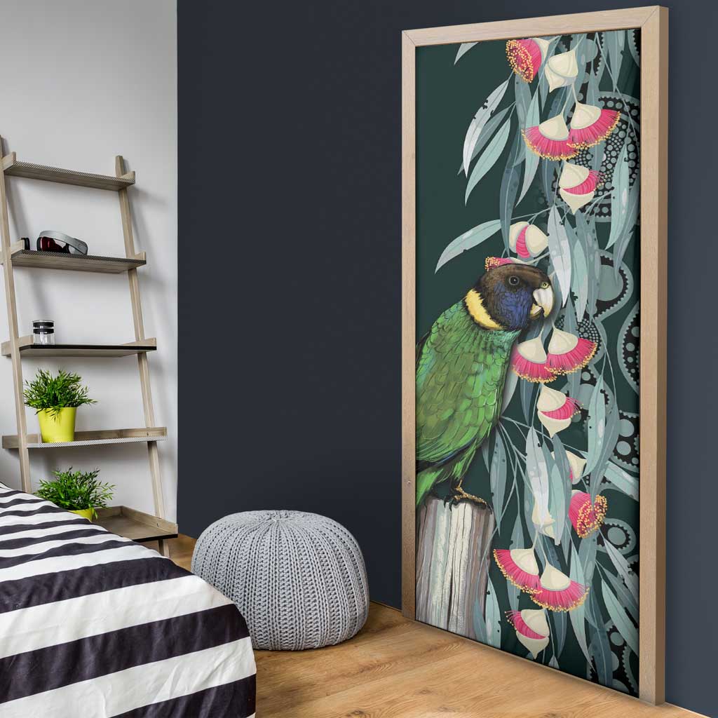 Australian Ringneck Parrot Door Cover Barnardius Zonarius Eucalyptus Flowers Aboriginal Art