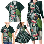 Australian Ringneck Parrot Family Matching Long Sleeve Bodycon Dress and Hawaiian Shirt Barnardius Zonarius Eucalyptus Flowers Aboriginal Art