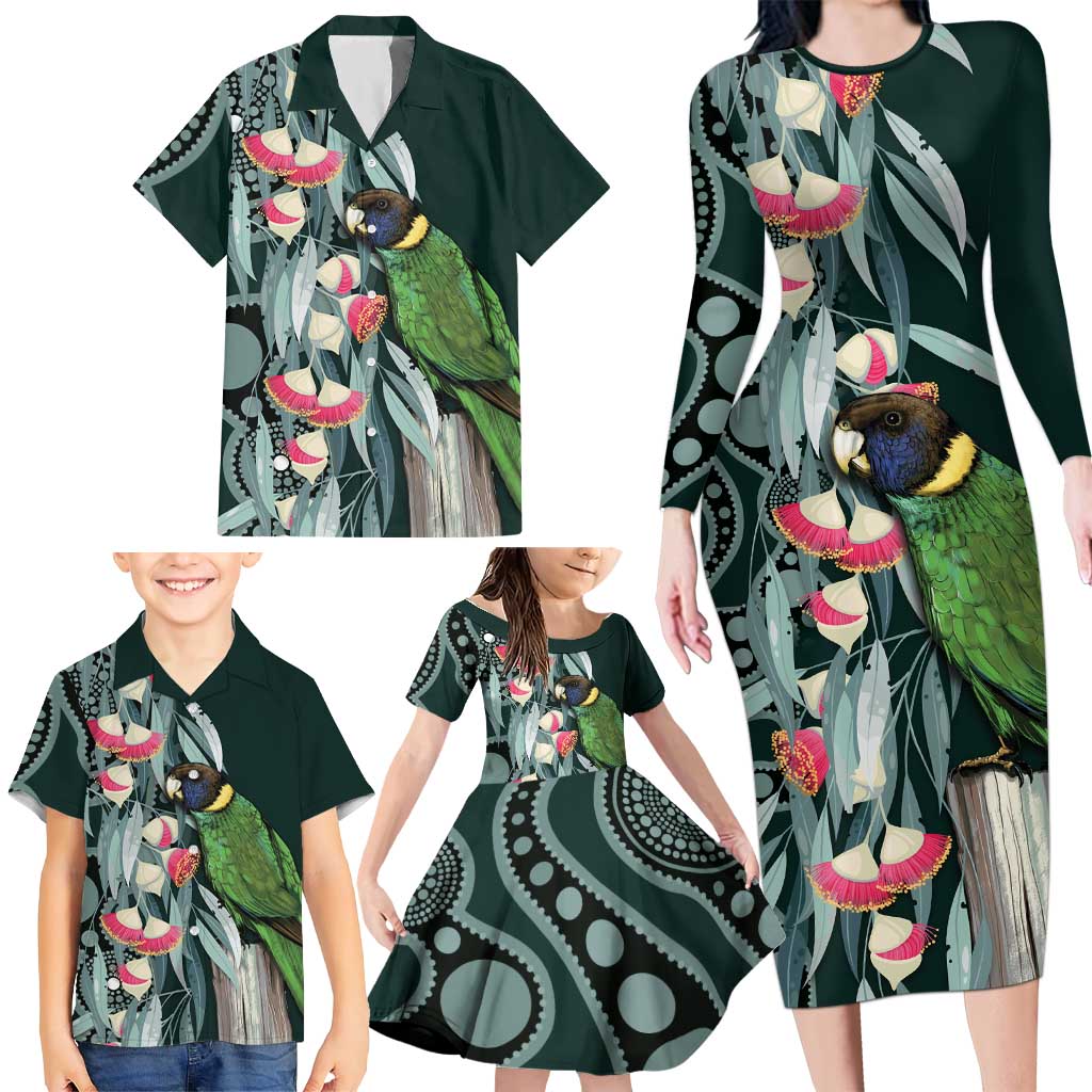 Australian Ringneck Parrot Family Matching Long Sleeve Bodycon Dress and Hawaiian Shirt Barnardius Zonarius Eucalyptus Flowers Aboriginal Art