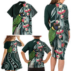 Australian Ringneck Parrot Family Matching Long Sleeve Bodycon Dress and Hawaiian Shirt Barnardius Zonarius Eucalyptus Flowers Aboriginal Art