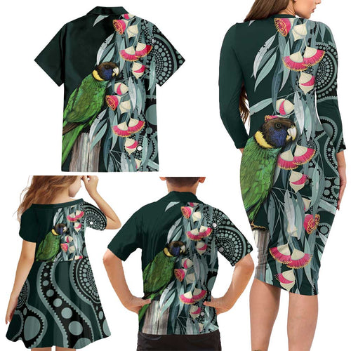 Australian Ringneck Parrot Family Matching Long Sleeve Bodycon Dress and Hawaiian Shirt Barnardius Zonarius Eucalyptus Flowers Aboriginal Art