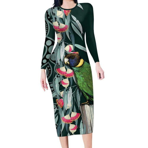 Australian Ringneck Parrot Family Matching Long Sleeve Bodycon Dress and Hawaiian Shirt Barnardius Zonarius Eucalyptus Flowers Aboriginal Art