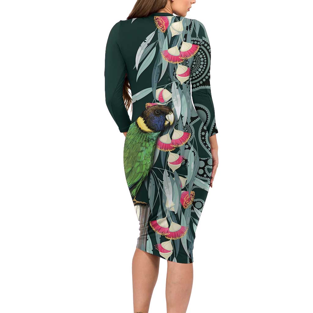 Australian Ringneck Parrot Family Matching Long Sleeve Bodycon Dress and Hawaiian Shirt Barnardius Zonarius Eucalyptus Flowers Aboriginal Art