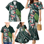 Australian Ringneck Parrot Family Matching Mermaid Dress and Hawaiian Shirt Barnardius Zonarius Eucalyptus Flowers Aboriginal Art