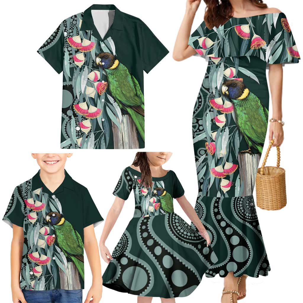 Australian Ringneck Parrot Family Matching Mermaid Dress and Hawaiian Shirt Barnardius Zonarius Eucalyptus Flowers Aboriginal Art