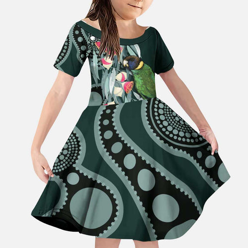 Australian Ringneck Parrot Family Matching Mermaid Dress and Hawaiian Shirt Barnardius Zonarius Eucalyptus Flowers Aboriginal Art