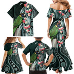 Australian Ringneck Parrot Family Matching Mermaid Dress and Hawaiian Shirt Barnardius Zonarius Eucalyptus Flowers Aboriginal Art