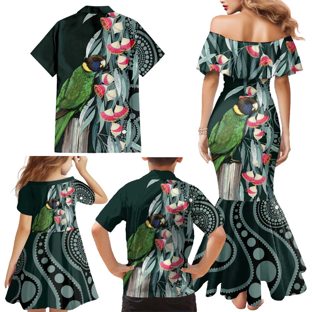 Australian Ringneck Parrot Family Matching Mermaid Dress and Hawaiian Shirt Barnardius Zonarius Eucalyptus Flowers Aboriginal Art