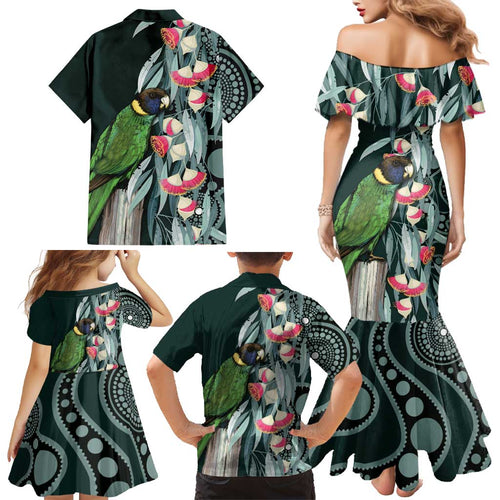Australian Ringneck Parrot Family Matching Mermaid Dress and Hawaiian Shirt Barnardius Zonarius Eucalyptus Flowers Aboriginal Art