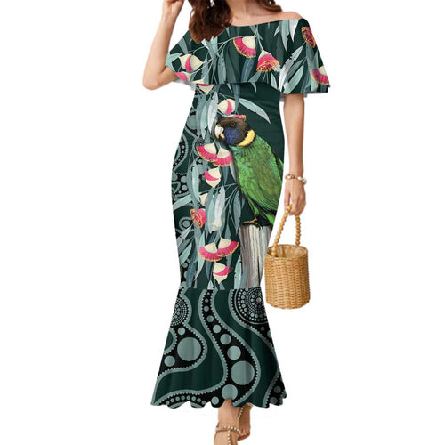 Australian Ringneck Parrot Family Matching Mermaid Dress and Hawaiian Shirt Barnardius Zonarius Eucalyptus Flowers Aboriginal Art