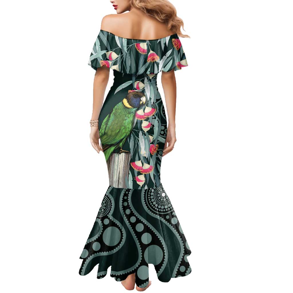 Australian Ringneck Parrot Family Matching Mermaid Dress and Hawaiian Shirt Barnardius Zonarius Eucalyptus Flowers Aboriginal Art