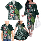 Australian Ringneck Parrot Family Matching Off The Shoulder Long Sleeve Dress and Hawaiian Shirt Barnardius Zonarius Eucalyptus Flowers Aboriginal Art