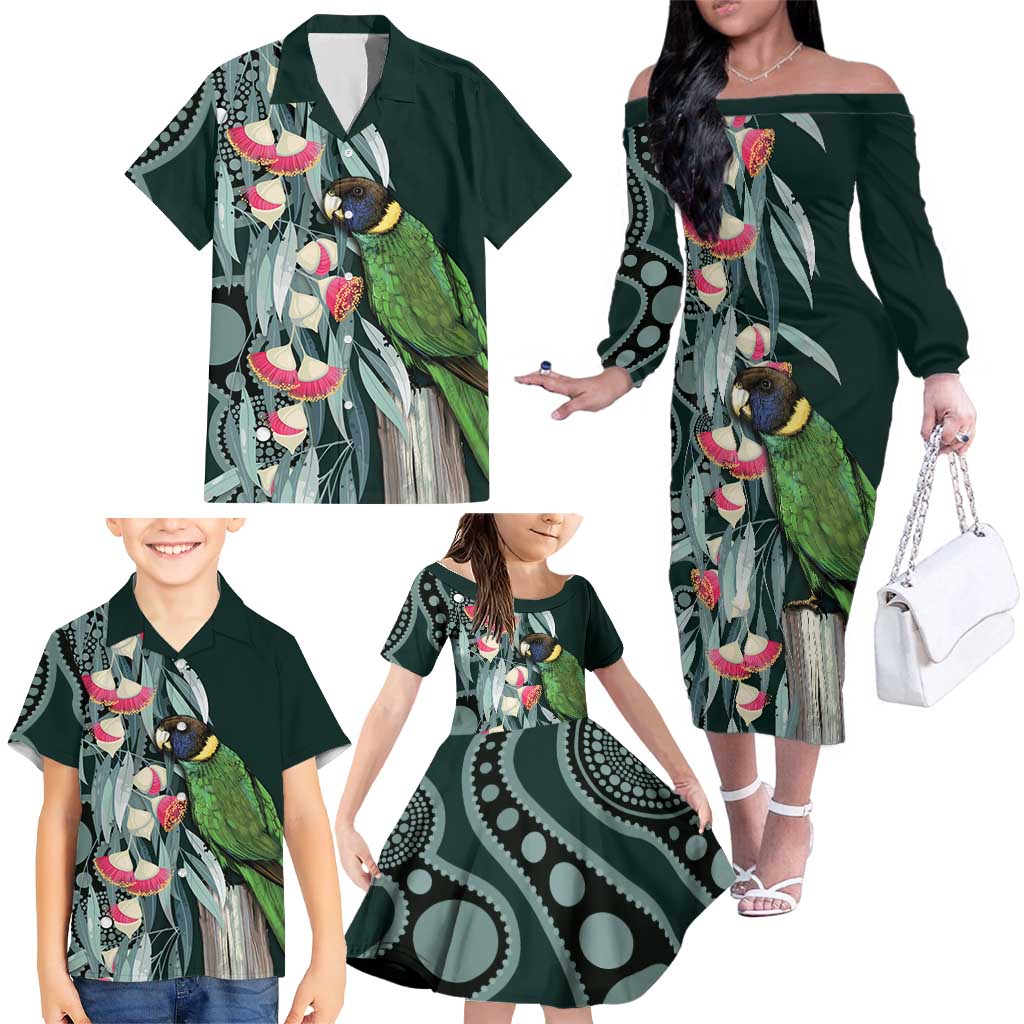 Australian Ringneck Parrot Family Matching Off The Shoulder Long Sleeve Dress and Hawaiian Shirt Barnardius Zonarius Eucalyptus Flowers Aboriginal Art