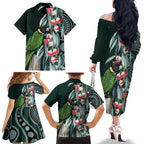 Australian Ringneck Parrot Family Matching Off The Shoulder Long Sleeve Dress and Hawaiian Shirt Barnardius Zonarius Eucalyptus Flowers Aboriginal Art