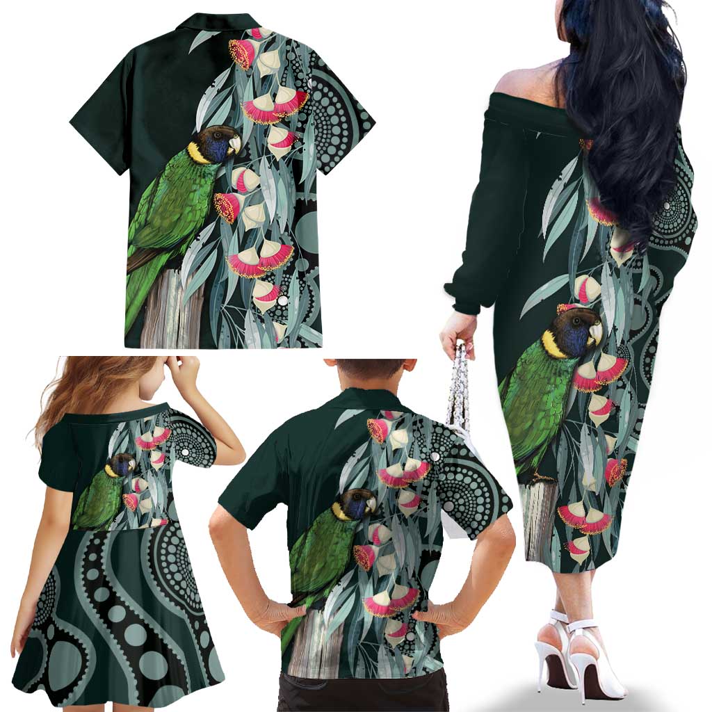 Australian Ringneck Parrot Family Matching Off The Shoulder Long Sleeve Dress and Hawaiian Shirt Barnardius Zonarius Eucalyptus Flowers Aboriginal Art