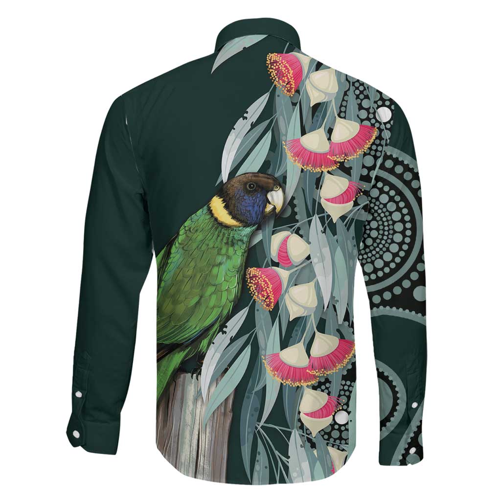 Australian Ringneck Parrot Family Matching Off The Shoulder Long Sleeve Dress and Hawaiian Shirt Barnardius Zonarius Eucalyptus Flowers Aboriginal Art
