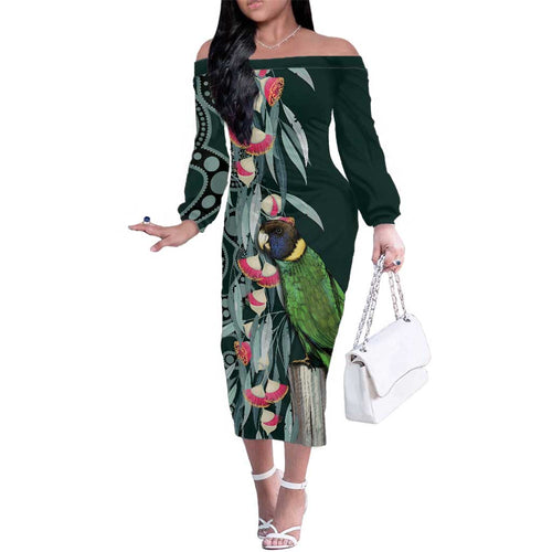 Australian Ringneck Parrot Family Matching Off The Shoulder Long Sleeve Dress and Hawaiian Shirt Barnardius Zonarius Eucalyptus Flowers Aboriginal Art