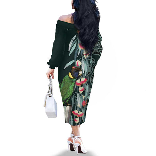 Australian Ringneck Parrot Family Matching Off The Shoulder Long Sleeve Dress and Hawaiian Shirt Barnardius Zonarius Eucalyptus Flowers Aboriginal Art