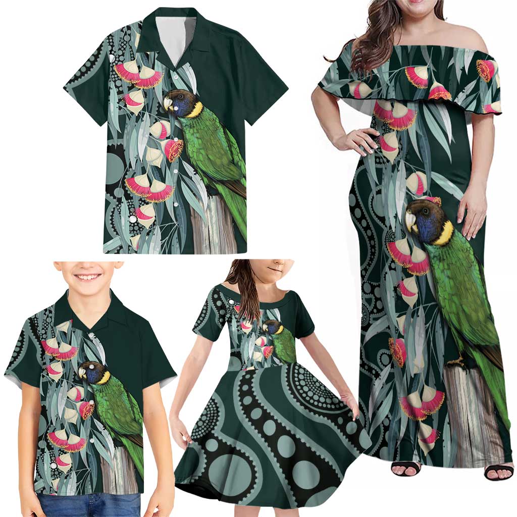 Australian Ringneck Parrot Family Matching Off Shoulder Maxi Dress and Hawaiian Shirt Barnardius Zonarius Eucalyptus Flowers Aboriginal Art